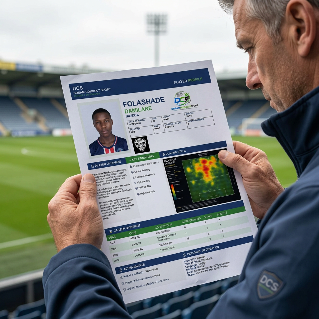 Football scout holding and reading a printed DCS player profile with heat map and career overview